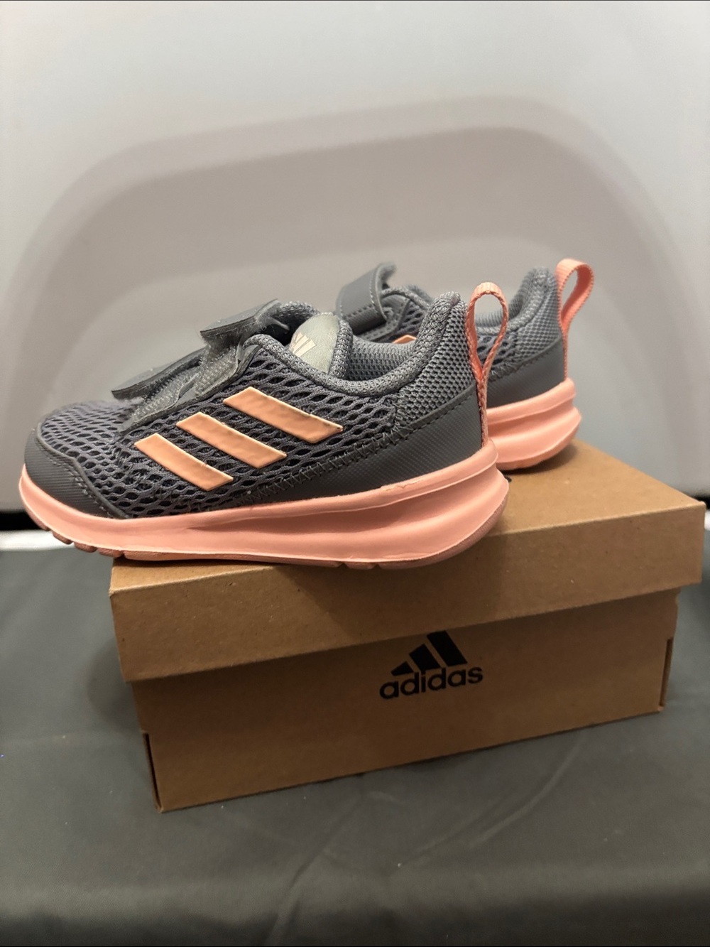 adidas Kids Grey and Pink Mesh Velcro Sneakers